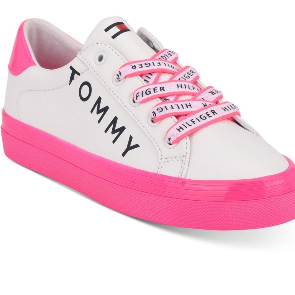 Tommy Hilfiger Women's White and Pink Lace-Up Sneakers